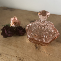 Bonbonnière vintage hexagonale en verre rose